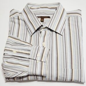 BCBG Attitude Brown & Blue Stripe Pattern Button Up Men's Dress Shirt 17.5"